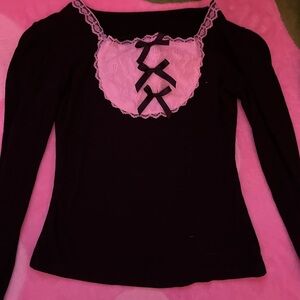 Elegant Black and Pink Lace Trimmed Women's Top